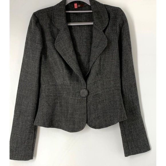 Women’s tweed plaid peplum blazer vintage DZ gray long sleeve sz XS/S 5700 - Picture 1 of 7